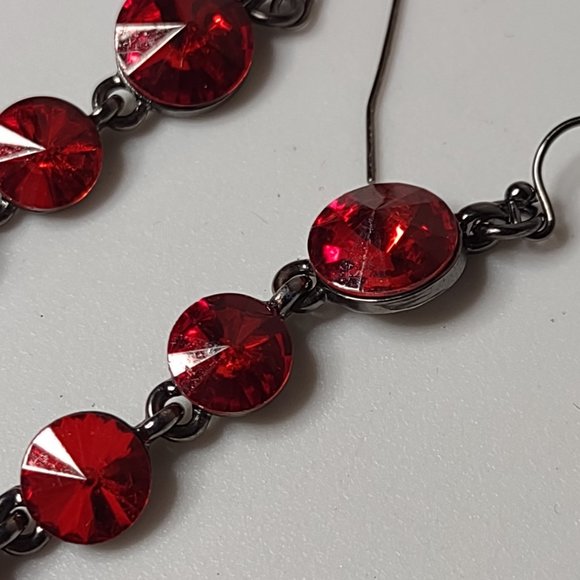Long Red Glass And Dark Silver Tone Metal Dangle Earrings - Picture 5 of 12